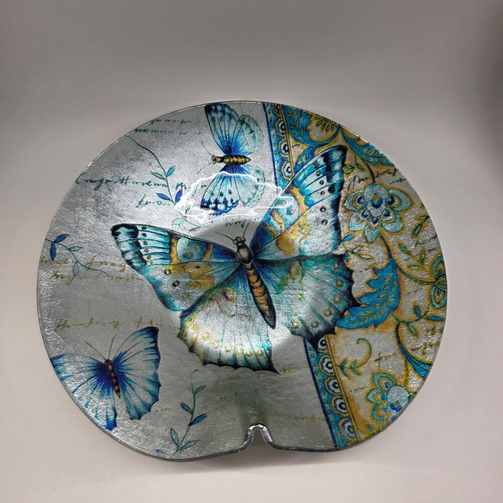 AngelStar Butterfly Glass Decorative Bowl Silver Blue Trinket Dish